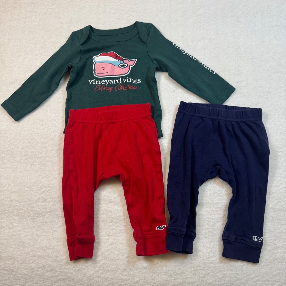 Vineyard‎ Vines Baby 3-6M Christmas Whale Bodysuit & Pants Set 3 Piece Green Red